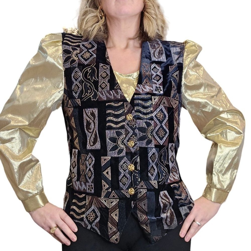 80s Medium Gold Foil Black‎ Velvet Vest Longsleeve Cocktail Shirt Puff Sleeve